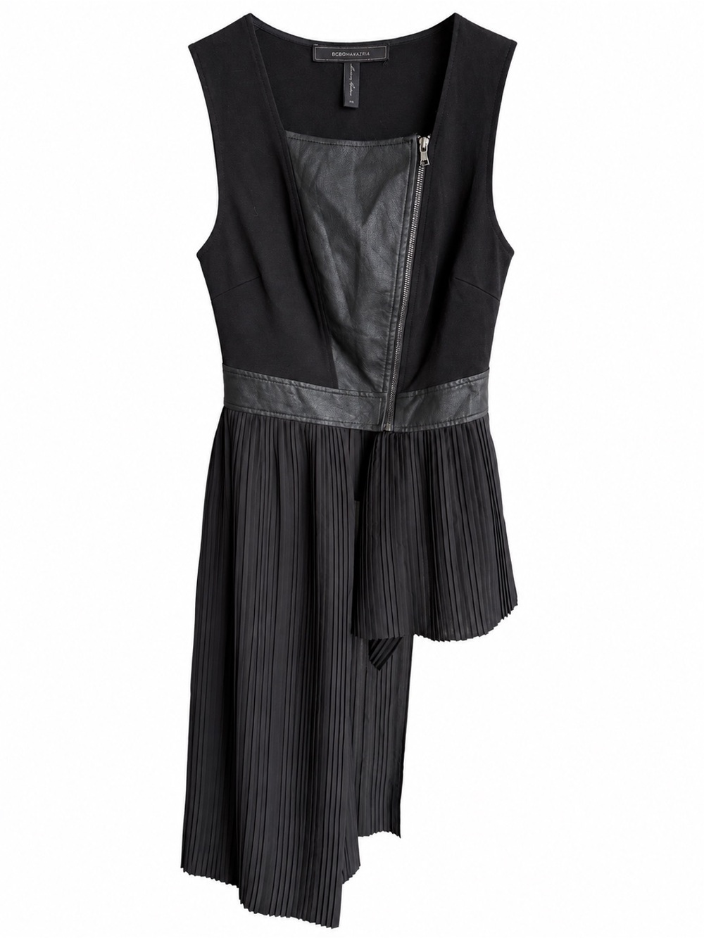 BCBGMAXAZRIA Black Faux Leather & Pleated Asymmetrical Top Size XS